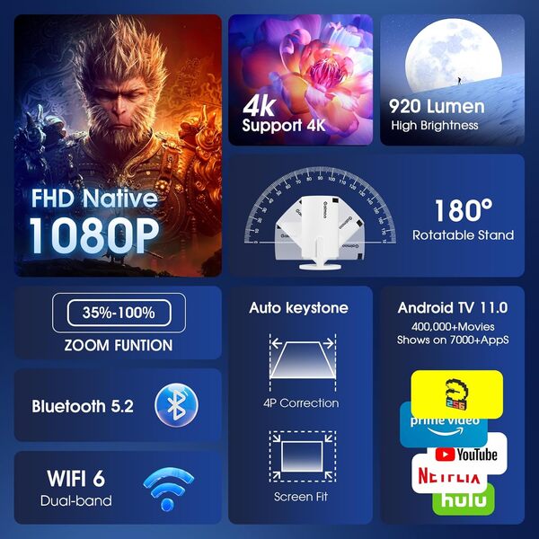 [App intégrée] Vidéoprojecteur 1080P FHD 4K 2025 Rétroprojecteur Portable Mini Projecteur Dual Contrôle avec Souris Android TV WiFi 6 BT5.2 180° Rotation HDMI/TV Stick/USB/PS5, avec HDMI et Souris