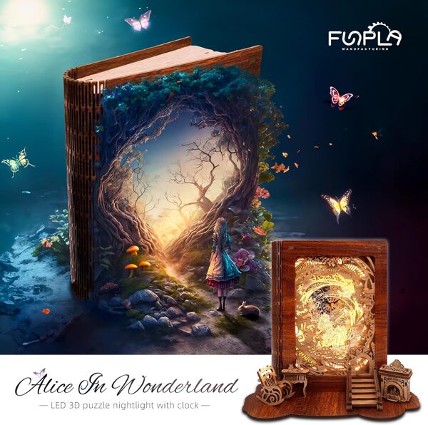 FUNPOLA Maquette en Bois à Construire Puzzle 3D Alice au Pays des Merveilles Veilleuse - Lampe de Livre Bricolage avec Horloge - LED DIY Lampe Décor Puzzles 3D Bois Adultes