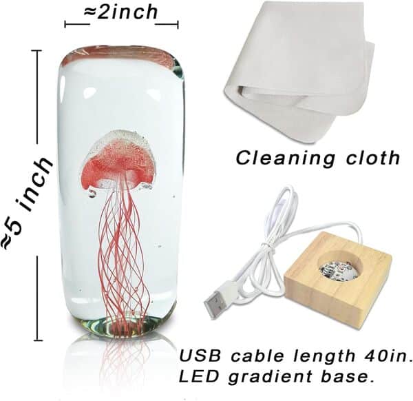 JUYOULE Lampe méduse en verre soufflé à la main, décoration méduse, lampe océan 3D, veilleuse méduse alimentée par USB, LED avec base de dégradés de couleurs multiples, décoration de poisson.