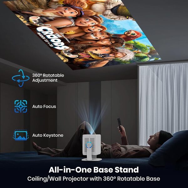 4K Vidéoprojecteur [Netflix Officiel/Auto Focus/Support Rotatif à 360°] Rétroprojecteur avec WiFi et Bluetooth 1080P Natif, One-Click Use Netflix/Youtube/PrimeVideo/D+, Smart Home Outdoor Projecteur