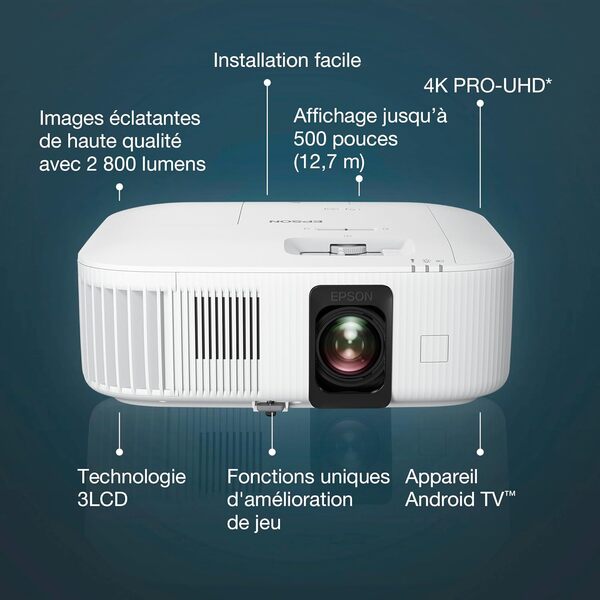 Epson EH-TW6250 Video projecteur Intelligent Laser 4K Pro-UHD 4K 16:9, 2800 Lumens, Smart Android TV, Technologie 3LCD, USB HDMI LAN, Jeux vidéo, Streaming 4K, Haut-Parleur intégré, Home cinéma
