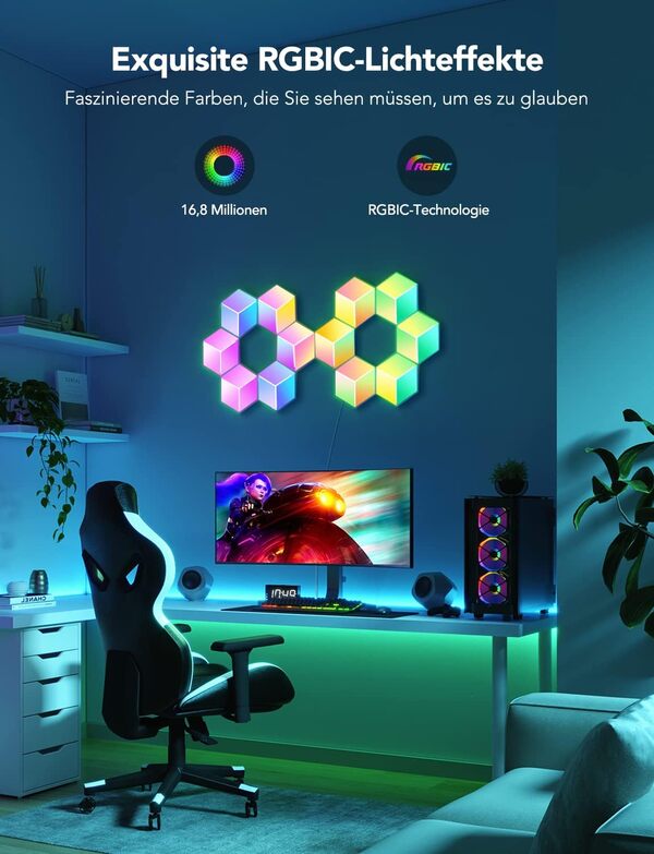 Govee Glide Hexa Pro Panneau lumineux LED 3D, WiFi RGBIC tridimensionnel intérieur fonctionne avec Alexa et Google Assistant, DIY, synchronisation de la musique, contrôle de l'application, pour les