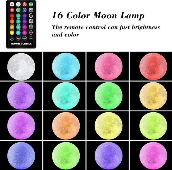 Veilleuse en forme de lune, 16 couleurs avec support, télécommande et contrôle tactile et lampe décorative rechargeable par USB pour filles, enfants, cadeau de Noël (15,2 cm)