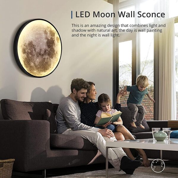 60cm Lune Lampe Murale LED Dimmable avec Télécommande Appliques Murales avec interrupteur et prise Lumière Lampe Lune Mur 3D Lumière Lampe Art Déco Lampe de Chevet Ronde Lumière Murale pour le Salon [Classe énergétique A]