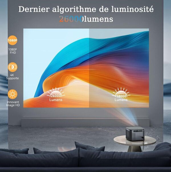 Vidéoprojecteur 4K 【Netfilx/autofocus】 Correction trapézoïdale Automatique 6D 4P Prend en Charge Le vidéoprojecteur 4K Home Cinéma, WiFi6 Bluetooth Vidéoprojecteur 26000 lumens 1080P Natif Full HD