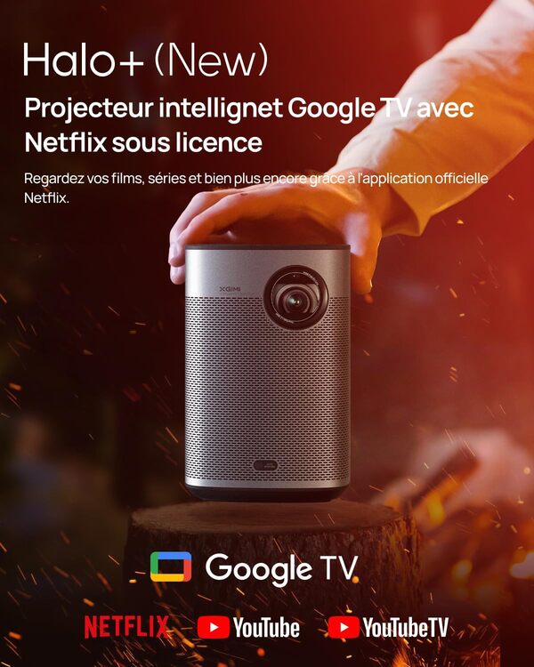 XGIMI Halo+ GTV, Videoprojecteur Portable 1080P, Google TV avec Licence Netflix, 700 ISO Lumens, 2x5W Harman Kardon, ISA, Wi-FI, écran 200 po., Batterie intégrée avec 2,5 h d'autonomie de Lecture
