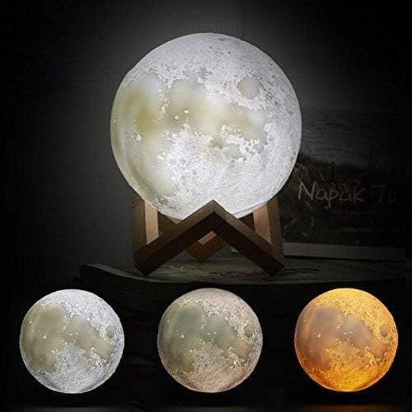 ele ELEOPTION Lampe LED 3D en forme de lune - Lampe de chevet à intensité variable - Lampe tactile pour salon (20 cm, 3 couleurs)