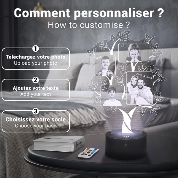 Lampe 3D Personnalisée Arbre par Gravure Laser, Idée Cadeau Fête des Mères, Cadeau Photo et Texte Personnalisable, Lampe Personnalisée sur Plexiglass [Classe énergétique A]