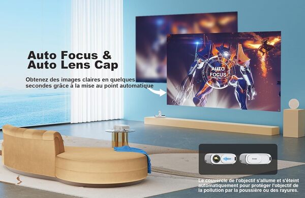 Videoprojecteur 4K Auto Lens Cap 1000ANSI Retroprojecteur Auto Focus 6D Keystone Full HD 1080P Jimveo WiFi6 Bluetooth Projecteur Video 4K Supporté Zoom 50% 400'' Home Cinéma pour iOS Android Windows