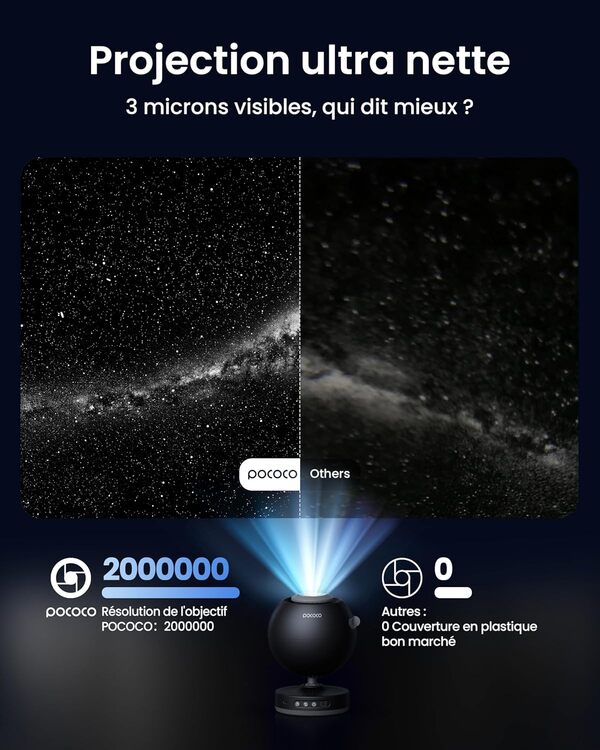 POCOCO Projecteur ciel étoile, projecteur galaxie, planétarium pour enfants et adultes; dans les chambres, les intérieurs; pour la décoration, l’aide au sommeil et la relaxation - avec 2 disques [Classe énergétique A]