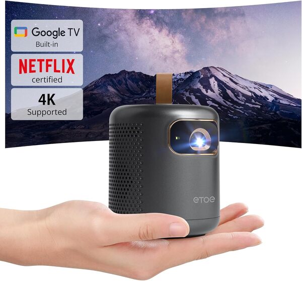 DPL Portable Videoprojecteur 4K Google TV Netflix Officiel, Mini Projecteur Video ETOE Whale 500ANSI Full HD 1080P Native, Retroprojecteur Batterie Intégrée 2.5H / Projection Ultra Courte Portée-Noir