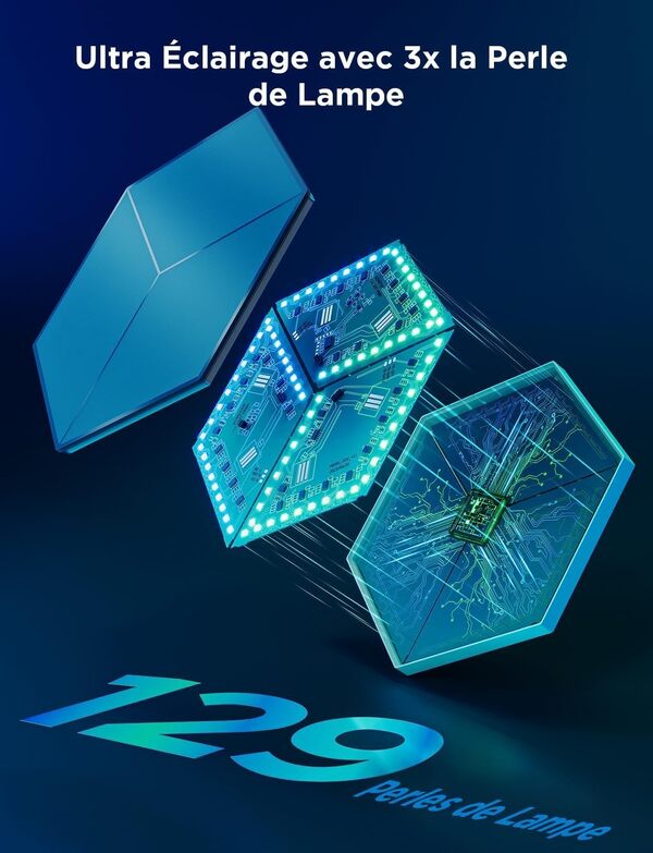 Govee LED Glide Hexagon Ultra Panneaux Lumineux, RGBIC Applique Murale Intérieure avec Alexa, 3D Lampe Hexagonale 129 LEDs, 60 Modes de Scène pour Gaming, Chambre, Salon, Blanc Lunaire, 10 Panneaux [Classe énergétique G]