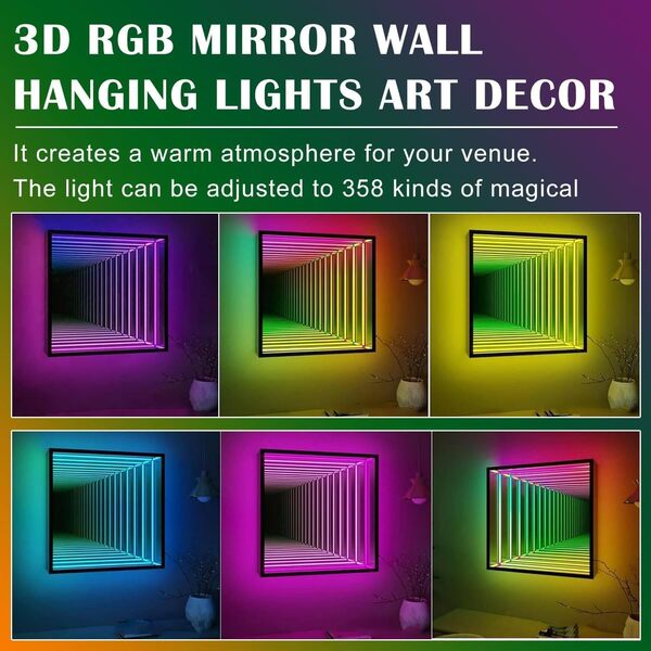 Qiang Lampe Tunnel à Miroir Infini Rvb Veilleuse Tunnel Multicolore pour Salle De Jeux Applique Murale Miroir 3D LED Tunnel Lumière De Décoration Miroir Infini avec Télécommande,Quadrilateral-30cm