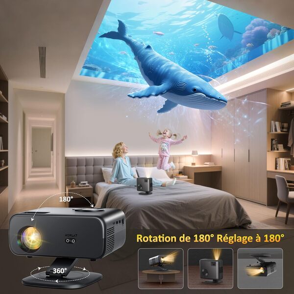 Horlat Vidéoprojecteur 4K Supporté【Android 12 & Rotation 360°& Port WAN】25000 Lumens Full HD 1080P Auto Correction WiFi6 Bluetooth Projecteur - Zoom 50% Projecteur Vidéo de Jour Home Cinéma/Extérieur