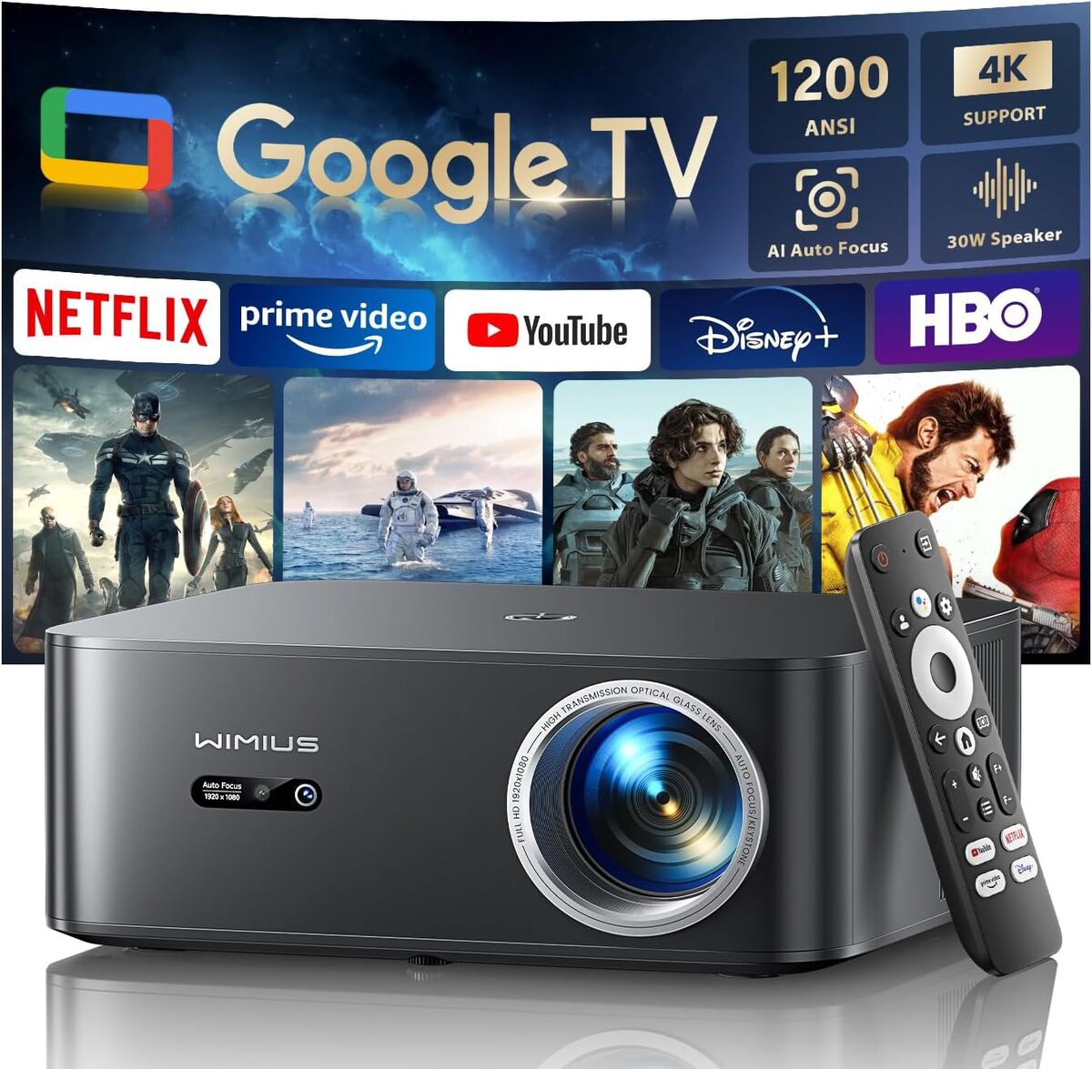 Vidéoprojecteur 4K 38000 Lumens Avec Google TV Intégré - Autofocus, WiFi 6, Bluetooth 5.2, écran Jusqu'à 300 Pouces