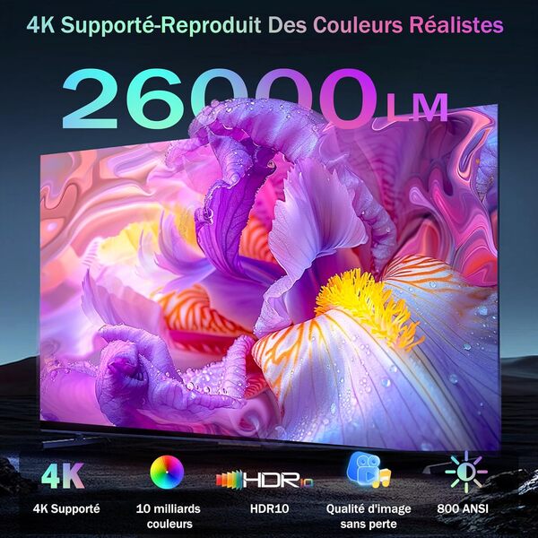 【Auto Focus/360°Rotation】Videoprojecteur, XIWBSY Retroprojecteur 4K Supporté WiFi Bluetooth 26000 Lumens Full HD 1080P, Projecteur Video Portable Home Cinéma/Voyage, App Intégrée/Port WAN/WiFi Miroir