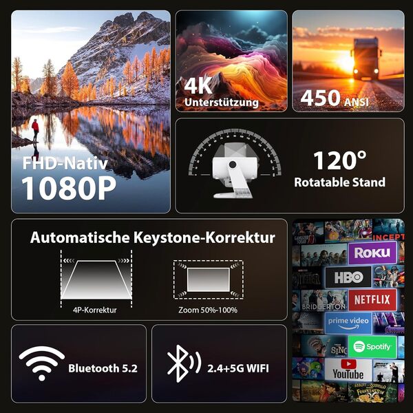 Videoprojecteur 2025 avec App Intégrée - Wielio Android TV Projecteur Portable Full HD 1080P,Retroprojecteur Supporté 4K WiFi Bluetooth, Auto Keystone & 4P,Compatible avec iOS Android HDMI