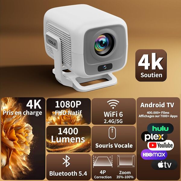 [App Intégrée] Vidéoprojecteur avec WiFi 6 y BT 5.4,1080P Full HD Mini Projecteur Video, Projecteur Portable avec Autofocus et Correction Trapézoïdale Automatique,180° Rotation HDMI/TV Stick/USB Blan