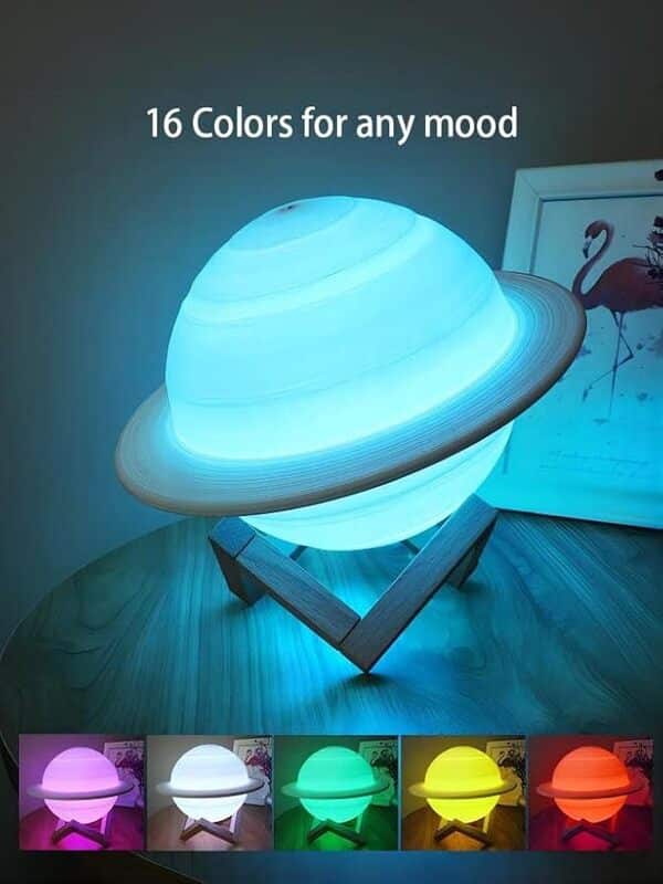 Welitesim Lampe décorative Saturne LED 3D PrintDecor Lampe avec support/télécommande/tactile/USB rechargeable (21,8 cm, 16 couleurs), cadeau de Saint-Valentin, d'anniversaire