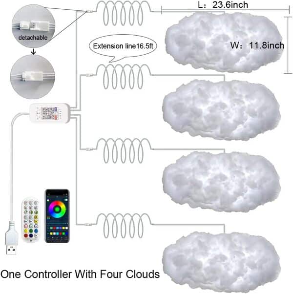 Lot de 4 bandes lumineuses 3D multicolores à changement de musique avec télécommande à 360 degrés pour adultes et enfants, décoration d'intérieur pour la maison, la chambre à coucher