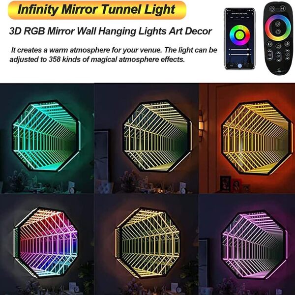 Qiang Lampe Tunnel à Miroir Infini Rvb Veilleuse Tunnel Multicolore pour Salle De Jeux Applique Murale Miroir 3D LED Tunnel Lumière De Décoration Miroir Infini avec Télécommande,Octagon-50cm