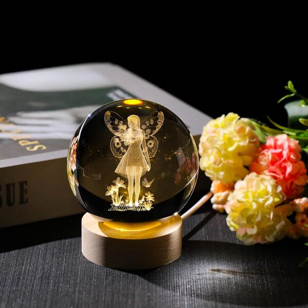 Arikyrist Lampe de fée 3D avec fleurs en forme de boule de cristal avec base en bois, figurines de fée en cristal gravées au laser, décoration d'intérieur, boule de cristal de fée, veilleuse cadeau,