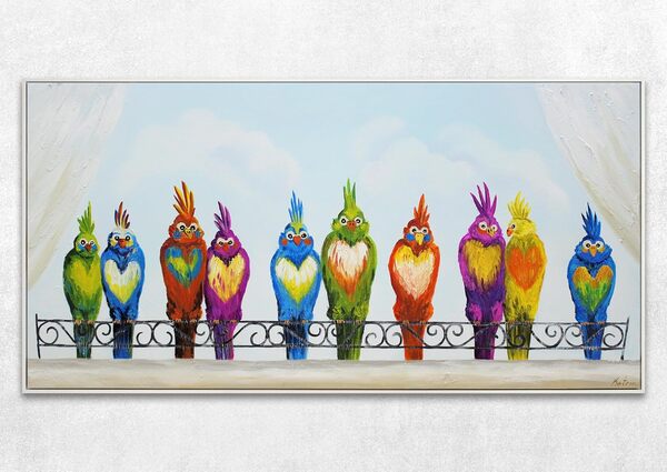 YS Tableau peinte à la main Drôles d'oiseaux Un motif enfantin couleurs vives Perroquets joyeux et lumineux Décoration intérieure avec cadre 200x100 cm