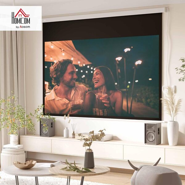 HOMCOM Écran vidéoprojecteur 100 Pouces, 16:9 4K HD écran de Projection motorisé et électrique, écran de Projection TV et Home cinéma, Montage Mural ou Plafond, Panneau de Commande et télécommande