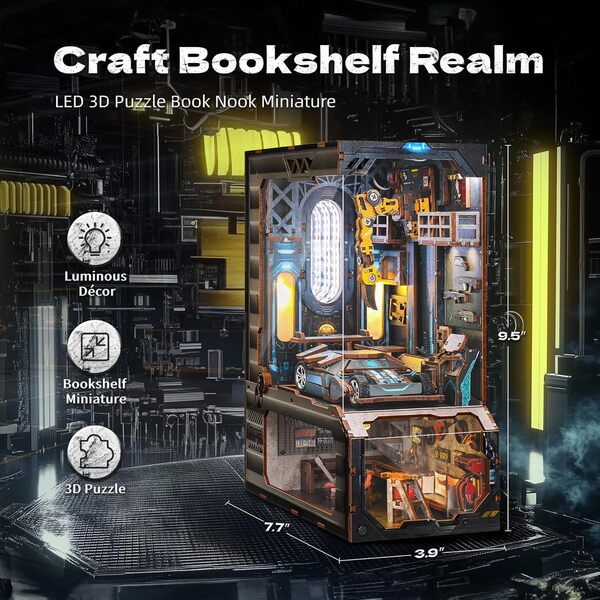 Puzzle 3D en Bois Book Nook Kit, Maquette en Bois à Construire Atelier Automobile Miniature avec lumières LED, modèle de Garage mécanique pour Adultes (Atelier Automobile)