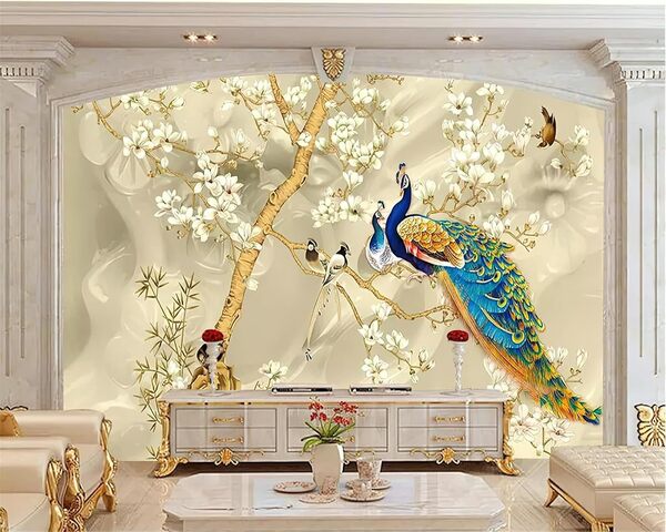 Papier Peint Mural de Fleur De Magnolia De Paon, Animaux Paon Déco de La Maison - pour Salon Chambre D'enfant Décoration Murale 400 x 280 cm