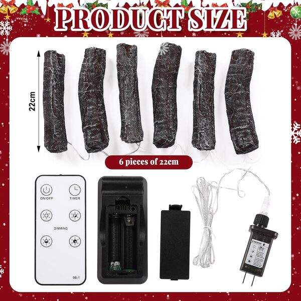 Tuanse Lot de 6 lampes de cheminée de Noël sans flamme de 22,1 cm avec télécommande, faux feu pour cheminée, bûche de feu LED artificielle sans flamme pour festival, décoration de Noël
