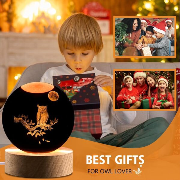 Lampe boule de cristal en forme de chouette 3D avec télécommande – Décoration pour chambre à coucher, cadeau d'anniversaire, de Noël pour femmes, enfants, filles, garçons [Classe énergétique G]