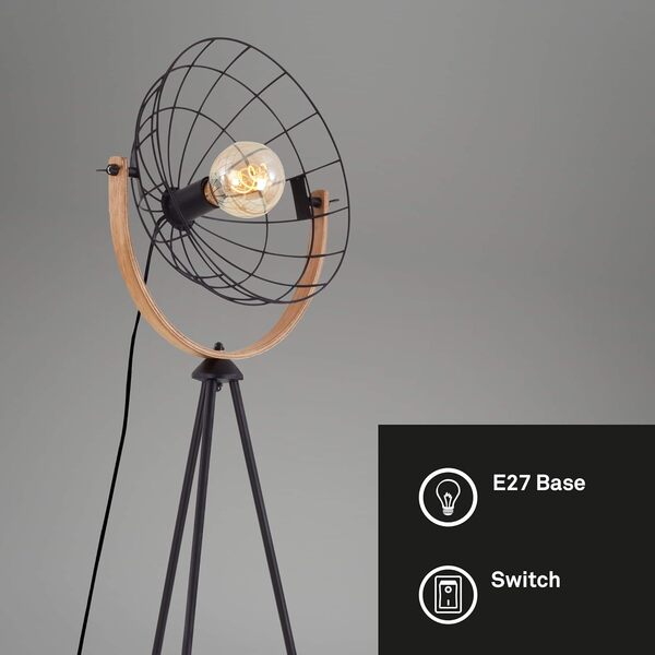 Briloner Leuchten - Lampadaire, lampe sur pied, lampe de studio rétro, vintage, 1x E27, max. 40 watts, incl. interrupteur de câble, noir-bois, 595x1490mm (lxh), 1385-015