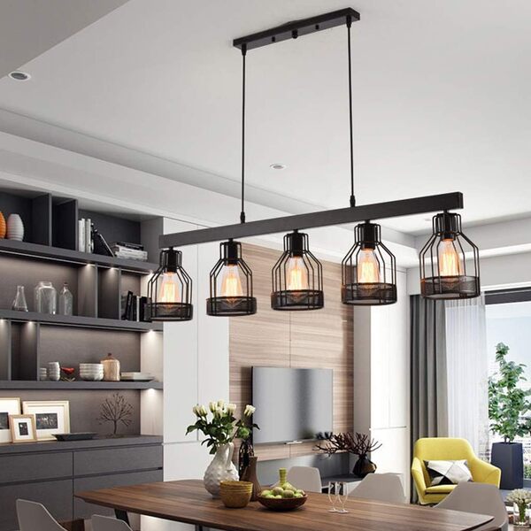 Lampe Suspension Noire 5 Têtes Lights Métal Fer Cage Pendentif Lumières Vintage Loft Suspension Industrielle Éclairage E27 Salon Restaurant Droplights Chambre Salle D'exposition Lustre