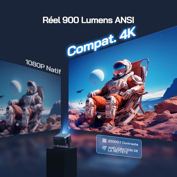 WOLFANG 28000 Lumens Videoprojecteur 4K【Netflix Officiel & Autofocus/Correction Trapézoïdale】, Retroprojecteur WiFi 5G avec Bluetooth 5.2, Mini Projecteur avec Support 180° pour Écran de 300