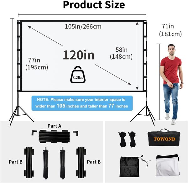 Écran de Projection avec Support,Towond 120 Pouces portatif intérieur extérieur Ecran videoprojecteur arrière Avant 16:9 HD Jardin Pliable avec Sac de Transport écrans de Projection TV et Home Cinema