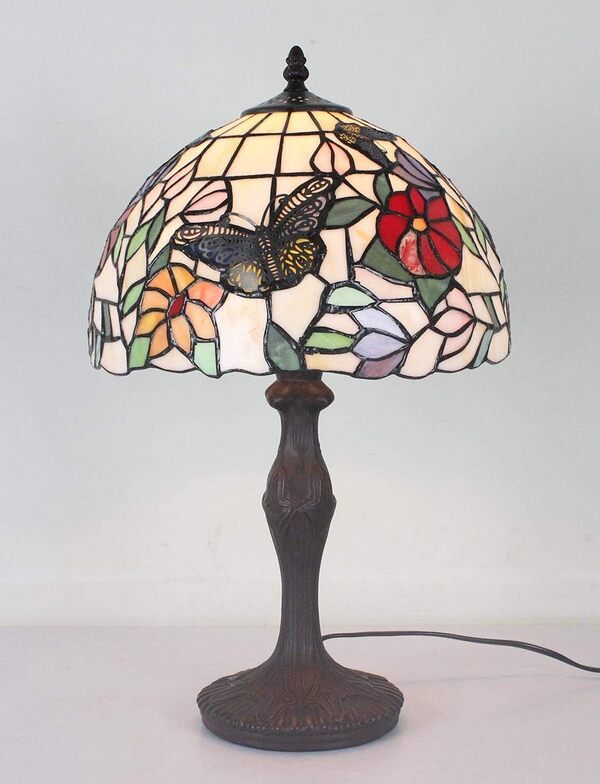 Bieye L31407 Butterfly Tiffany Style Stained Glass Table Lamp Night Light with 12-inches Wide Handmade Lamp Shade Metal Base for Bedside Bedroom Living Room Coffee Table, 18-inch Tall [Classe énergétique A]