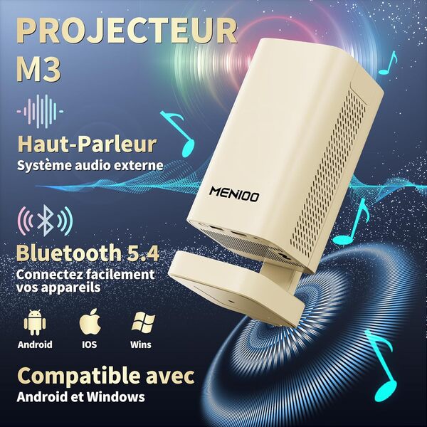 [App intégrée] Vidéoprojecteur 2026 avec Supporte 4K 1080P Projecteur Video Auto Focus & Keystone Correction 180° Rotation avec WiFi 6 et Bluetooth 5.4 Mini projecteur, avec HDMI/TV Stick/USB/ - Beige