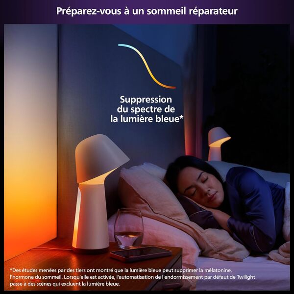 Philips Hue Twilight, Lampe de chevet et de réveil connectée, lumière blanche et couleur, compatible Bluetooth, commande vocale avec Alexa, Apple Home et Google Assistant