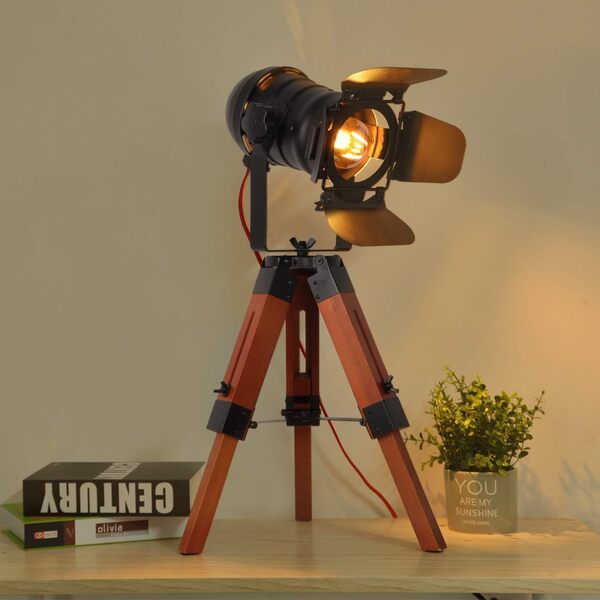 B·LED BARCELONA LED BarcelonaLED Lampe de table de cinéma ajustable vintage - Nautique Noir Style rétro Trepied Projecteurs trépied en bois Lampadaire Cinéma Accesoires de Cinema