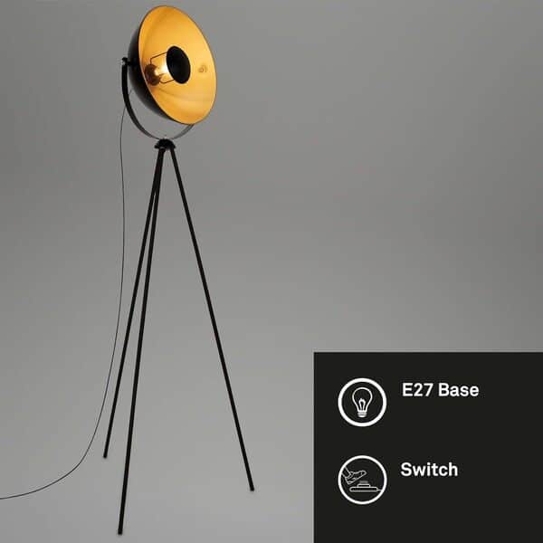 BRILONER - 1380-015 Lampadaire trépied vintage - style projecteur de cinéma - abat-jour métal noir mat & or - ampoule E27 - 60 W max. - hauteur : 148 cm, Noir-or-mat, 580x345x1480mm (LxDxH)