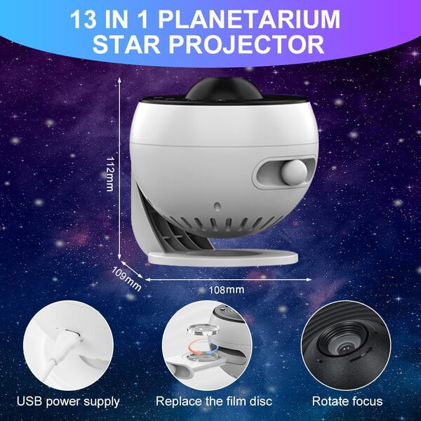 Projecteur Ciel Etoile, Projecteur Galaxie Pro 2025 avec 13 Disques de Films, 15 Bruit Blanc Veilleuse Planetarium Projecteurs avec Bluetooth, Conférencier et Télécommande, Rotation 360°, Blanc