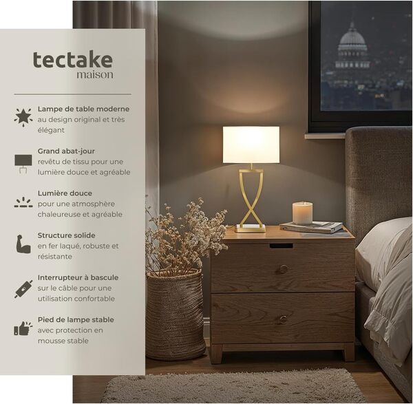 TecTake® Lampe de table Moderne Lampe à poser salon Design avec abat jour pour table de chevet, salon, chambre, bureau, dressing, entrée, table d appoint, Decoration maison