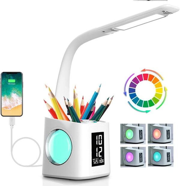 Lampe de bureau LED Eye-Caring Lampe de Table D'étude Port de charge USB Lumière de L'atmosphère Nocturne avec Porte Stylo/Écran Heure/Calendrier 3 Niveaux Dimmable Lampe de Lecture pour Enfants 10W [Classe énergétique G]