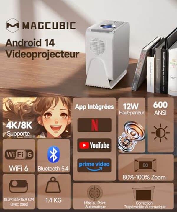 Découvrez le vidéoprojecteur HY350MAX avec une qualité d'image exceptionnelle en 4K et 8K, performant grâce à Android 14 pour une expérience visuelle ultime.