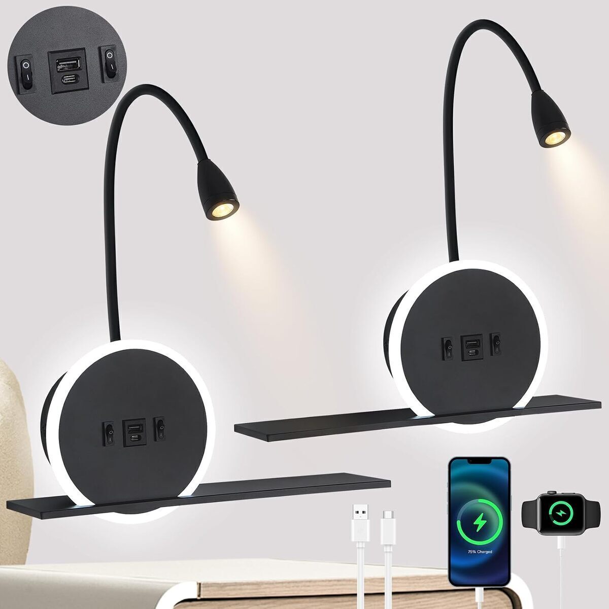 Test : liseuse murale LED avec port USB et type C, 3W + 9W