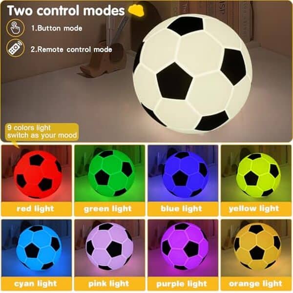 Découvrez notre veilleuse football en silicone avec 9 couleurs changeantes. Lampe de chevet fantaisie idéale pour les enfants : douce, sécurisée et ludique. 